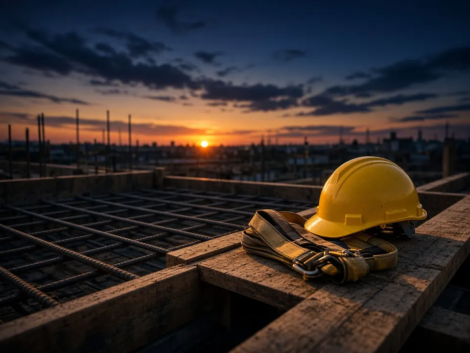 A hard hat and safety harness on formwork beside a rebar grid at sunset